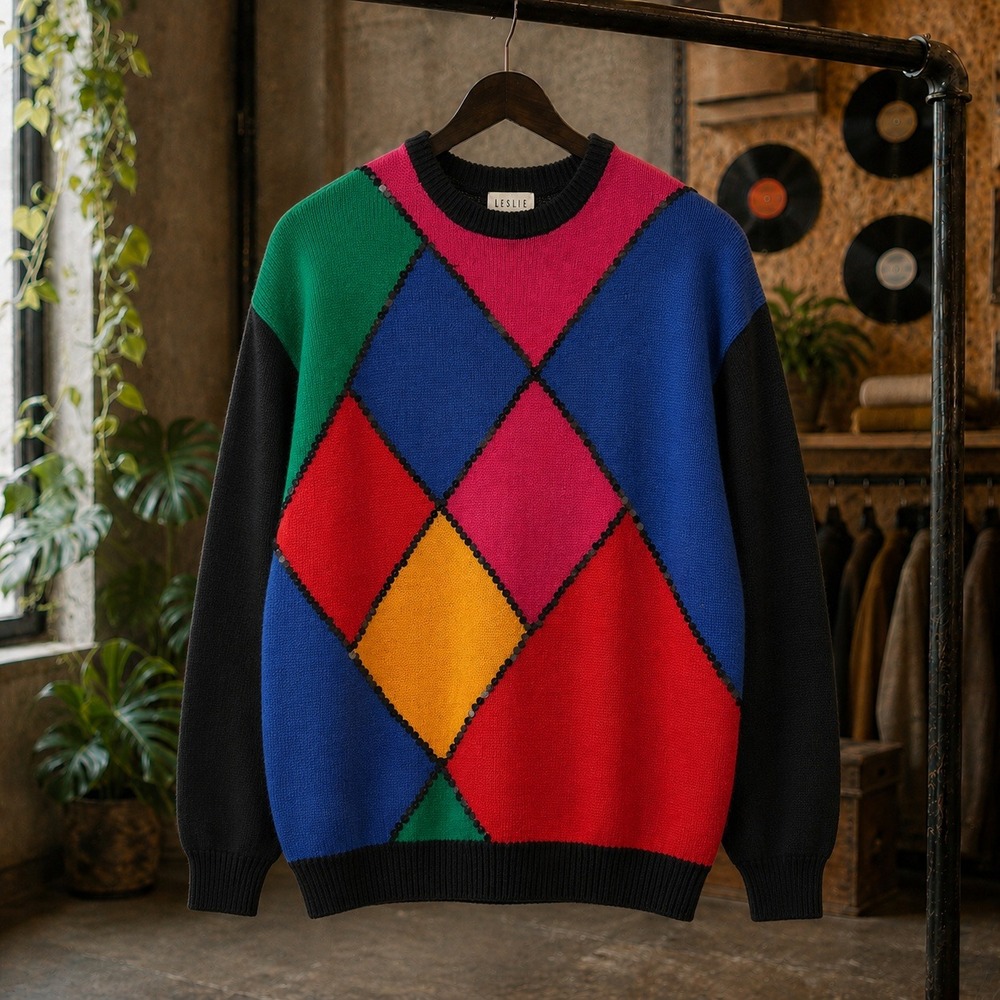 Vintage 80s Colorblock Argyle Sequin Sweater Womens Medium Leslie Fay